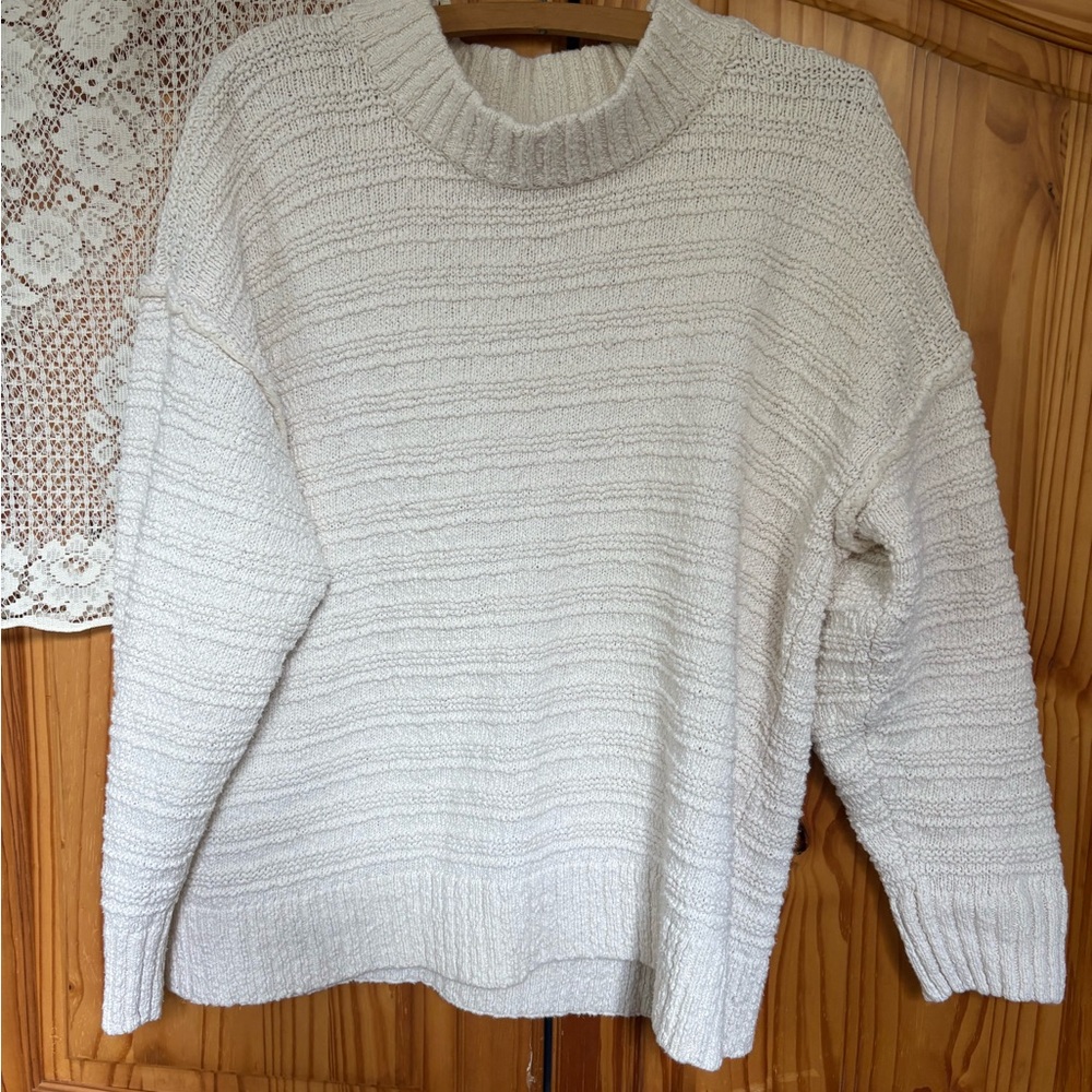 Free People Cream Textured Rib Crewneck Sweater